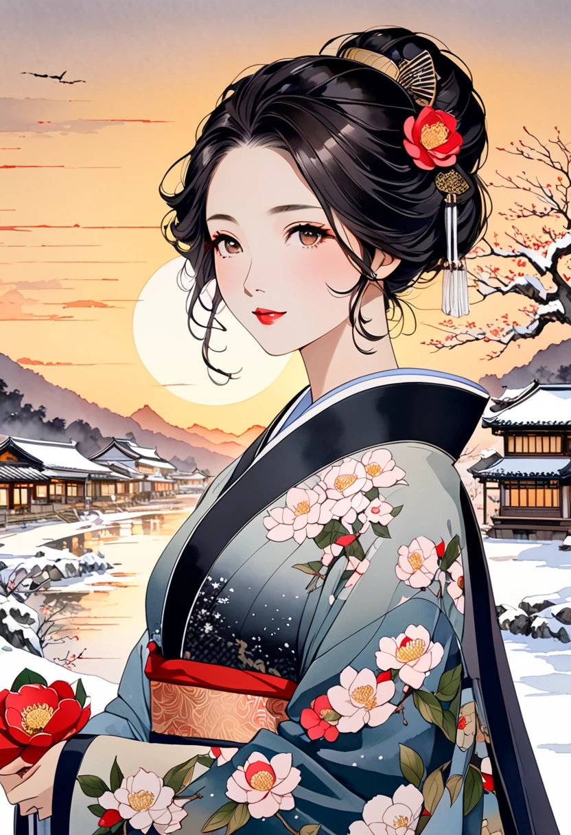  A fusion of ink painting and watercolor painting、A woman with a beautiful oriental face、shiny bright brown-black hair、 facing the front、Camellia Inn、At dusk、white snow scenes、 best quality、masterpiece、