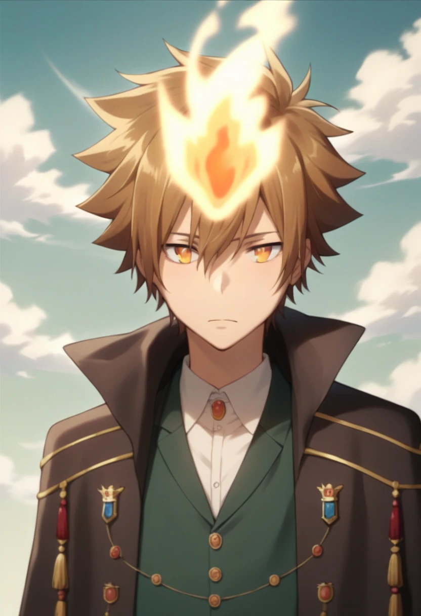 score_9, score_8_up, score_7_up, score_6_up, highly detailed, masterpiece, best quality,detailed,intricate details, amazing quality, best aesthetic, absurdres,source_anime,1 boy,tsuna_hyper, fire on head, brown hair, orange eyes,Long nape