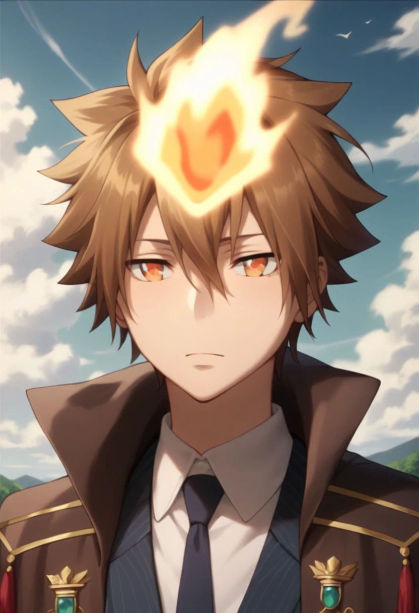 score_9, score_8_up, score_7_up, score_6_up, highly detailed, masterpiece, best quality,detailed,intricate details, amazing quality, best aesthetic, absurdres,source_anime,1 boy,tsuna_hyper, fire on head, brown hair, orange eyes,Long nape