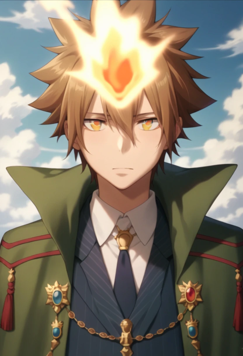 score_9, score_8_up, score_7_up, score_6_up, highly detailed, masterpiece, best quality,detailed,intricate details, amazing quality, best aesthetic, absurdres,source_anime,1 boy,tsuna_hyper, fire on head, brown hair, orange eyes,Long nape