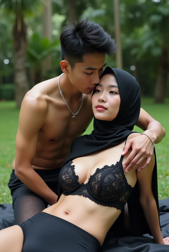Nude Malay woman with hijab,arousal expression,a man behind her,some man holding her butt from older man leaning against her from behind picking her up, varied poses,,