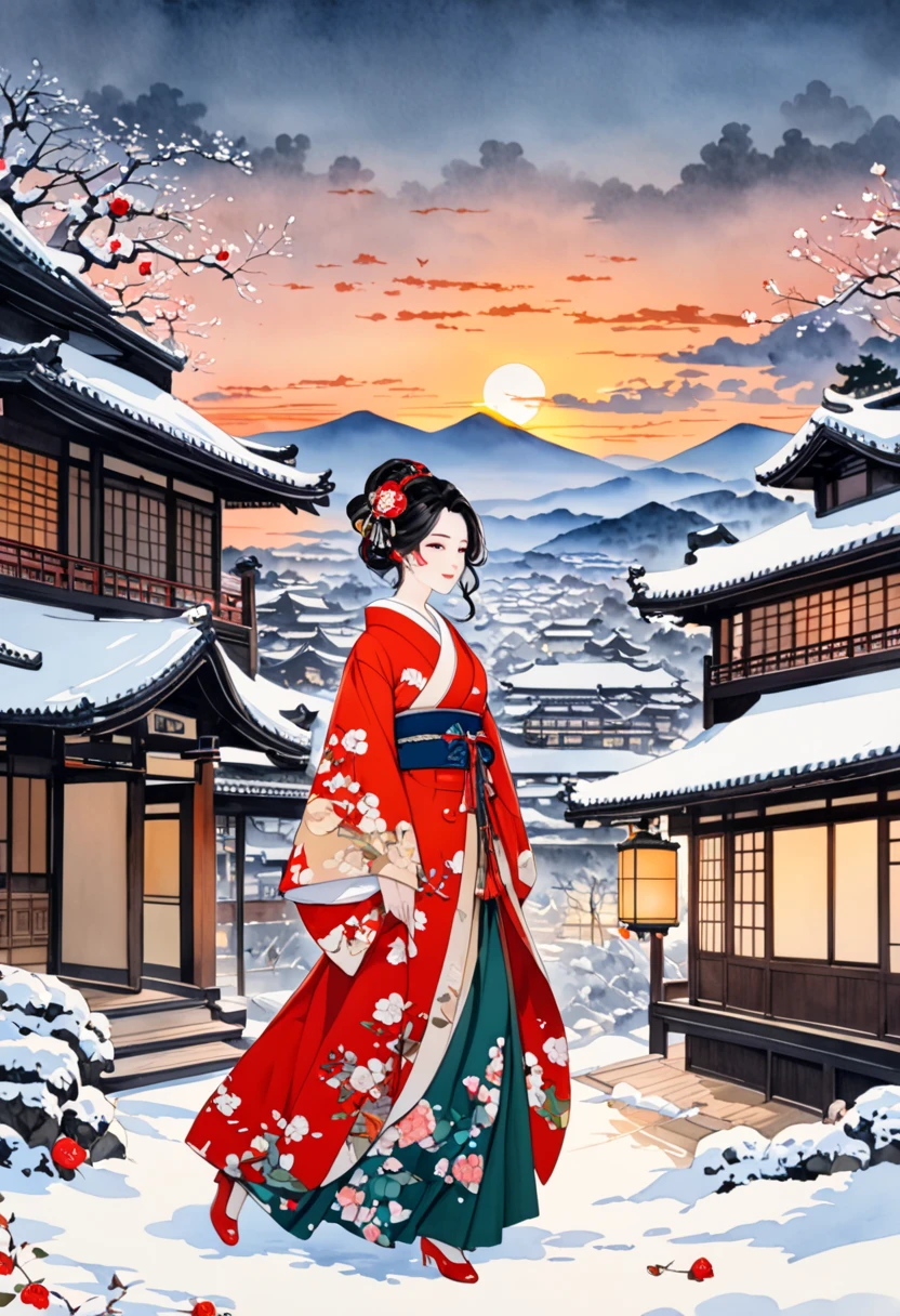  A fusion of ink painting and watercolor painting、A woman with a beautiful oriental face、shiny bright brown-black hair、 facing the front、Camellia Inn、At dusk、white snow scenes、 best quality、masterpiece、