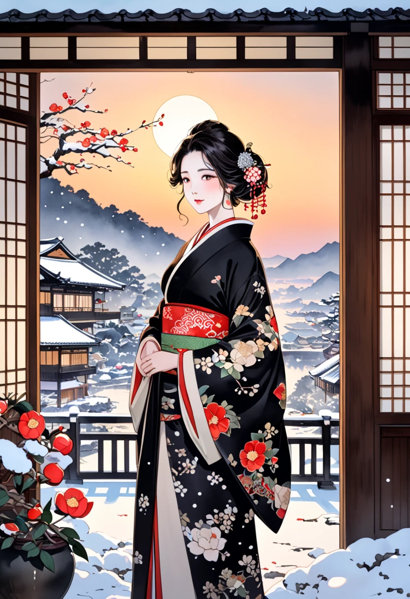  A fusion of ink painting and watercolor painting、A woman with a beautiful oriental face、shiny bright brown-black hair、 facing the front、Camellia Inn、At dusk、white snow scenes、 best quality、masterpiece、