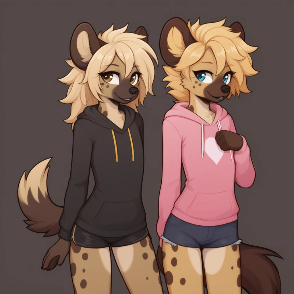 1Girl, furry spotted hyena, blonde hair, poufy hair, big hair, yellow curvy slim body, femboy, cute, hoodie, shorts, smile, simple background, dark background