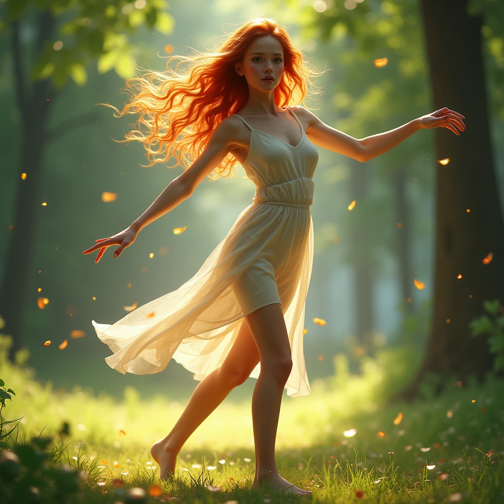 Une femme rousse, au charme irrésistible, se promène avec grâce dans un parc verdoyant. Ses cheveux roux, d'un éclat vibrant, ondulent légèrement au gré de la brise, attirant tous les regards. Elle porte une robe élégante, ajustée à sa silhouette, qui met en valeur ses courbes et souligne sa féminité. Ses jambes sont délicatement mises en valeur par la longueur de sa robe, tandis que ses talons résonnent doucement sur le sentier pavé. Autour d'elle, le parc est un écrin de verdure luxuriante, avec des arbres majestueux qui offrent de l'ombre et des pelouses d'un vert éclatant. Des rayons de soleil filtrent à travers le feuillage, créant des jeux de lumière sur sa peau. La scène est paisible, rythmée par le chant des oiseaux et le murmure du vent dans les feuilles, ajoutant une touche de sérénité à cette promenade envoûtante.