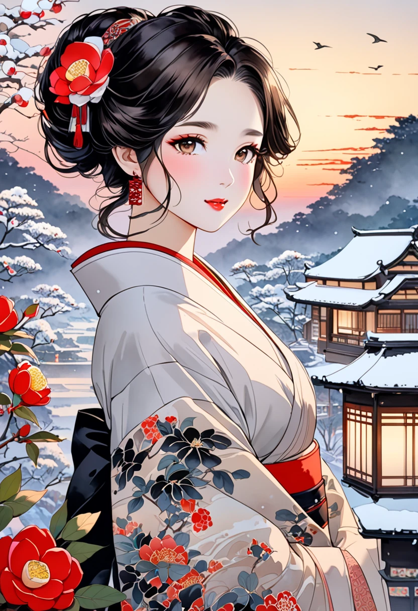  A fusion of ink painting and watercolor painting、A woman with a beautiful oriental face、shiny bright brown-black hair、 facing the front、Camellia Inn、At dusk、white snow scenes、 best quality、masterpiece、