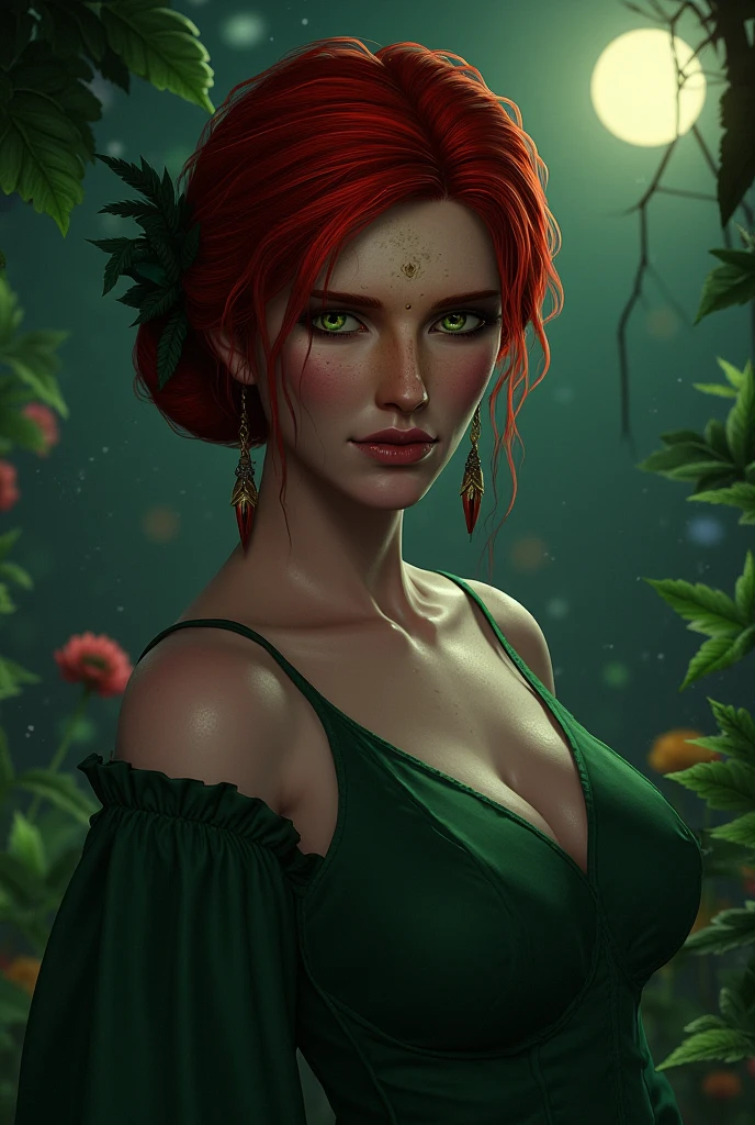 red hair,green eyes,green dress,big breast,in the garden,at night