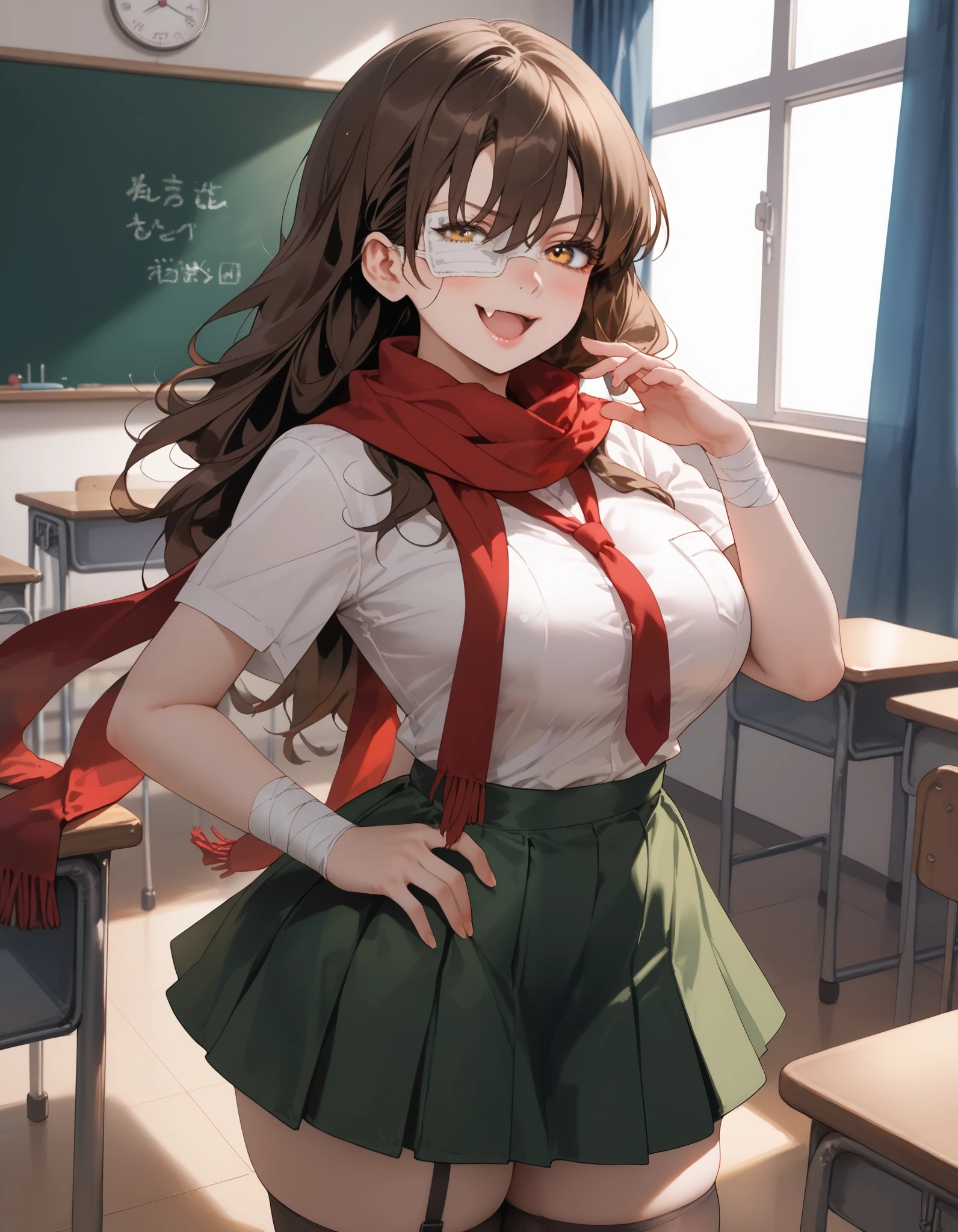 A girl with long brown hair, long hair, medical eyepatch, long scarf, bandages over arm, amber eyes, big breasts, thick thighs, white blouse, black stockings, green skirt, red ribbon, high school girl, classroom, warm light, afternoon, shy gaze, adorable, fang, ojou-sama_pose, open mouth, smile, smug