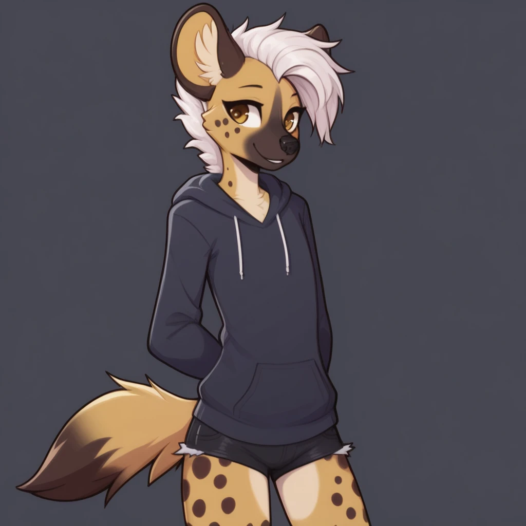 1Girl, furry spotted hyena, white hair, puffy hair, yellow curvy slim body, femboy, cute, hoodie, shorts, smile, simple background, dark background