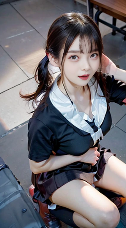 (highest quality), (Reality: 1), Movie Posters, Realistic skin texture, Very detailed, 8k wallpaper, Volumetric lighting, Dynamic Lighting, (((The wind blows her skirt up, exposing her beautiful pussy))), night, rich background details,Big tits teen schoolgirl、Twin tail hairstyle、Black Hair、Red face、Shyly、mock、Open your mouth just a little、Japanese school swimsuits that reveal the cleavage of teenage high school girls、You can see her cleavage from under her school swimsuit、Teen with shapely nipples、Shapely lower body、Indoor swimming pool、Poolside
