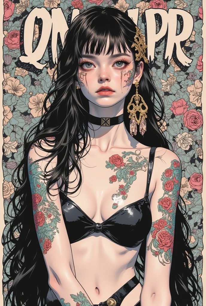  I have a picture of a woman in underwear with a tattoo on her arm,  FEMININE GOTHIC AESTHETICS  , Close up details, Detail shot,  clear details,  ARTY LOVE BLOW STYLE , Silkscreen Art,  close-up pictures , EXTRA FINE INK DETAILS ,  SILKSCREEN PRINT ,  very detailed,vulgar 