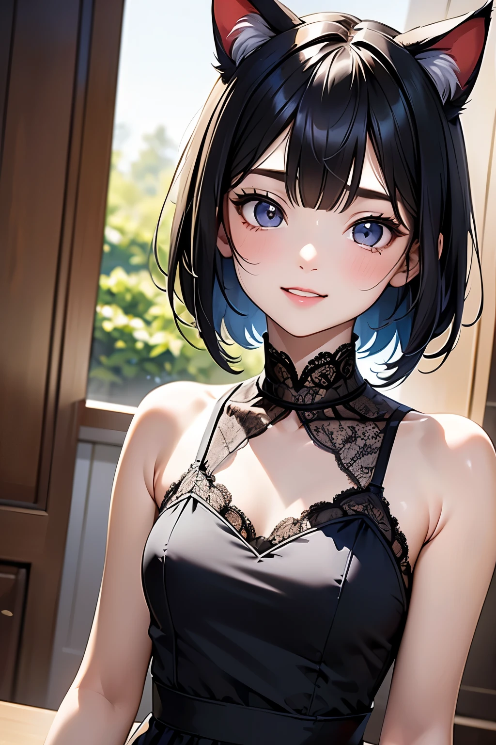 ( Top Quality , Masterpiece, high definition)、4K Anime Art、( one girl)、(whole body:1.4)、 ( teeth、 depicts details of cute faces)、 black hair、 short hair 、 semi-long 、 bob cut、 hair bang、 hair ornament having alcohol together 、(cat ears)、( lace dress:1.4)、 see-through mini dress、 attractive smile like snow 、 small breasts、Cinematic Light、Soft light、(indoor、dim、lamp)、( simple background)、((blank background))、