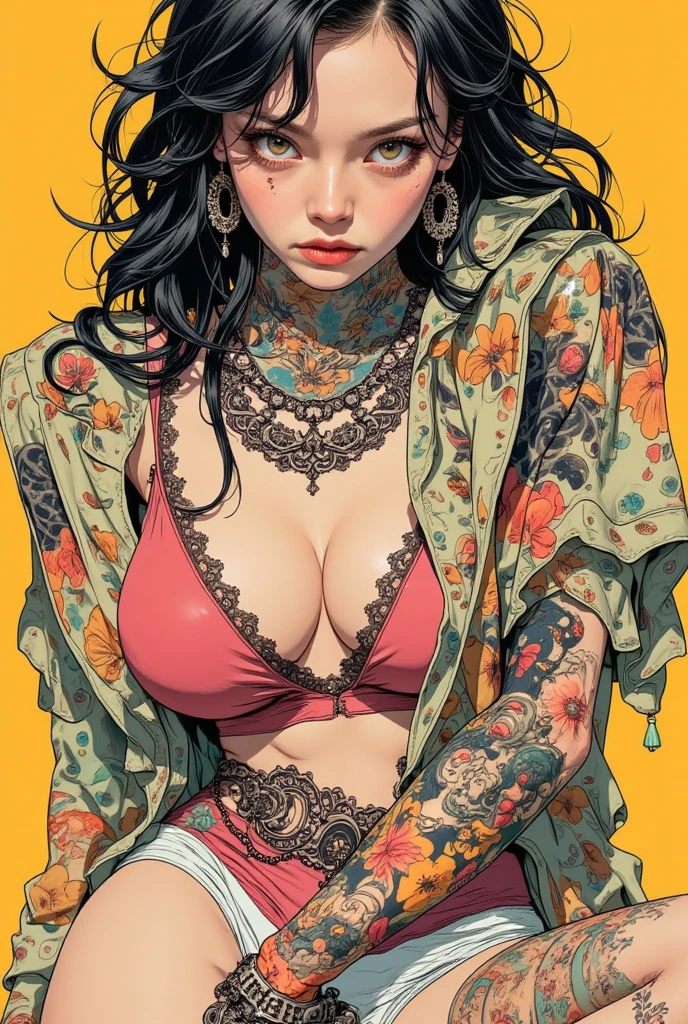  I have a picture of a woman in underwear with a tattoo on her arm,  FEMININE GOTHIC AESTHETICS  , Close up details, Detail shot,  clear details,  ARTY LOVE BLOW STYLE , Silkscreen Art,  close-up pictures , EXTRA FINE INK DETAILS ,  SILKSCREEN PRINT ,  very detailed,vulgar 