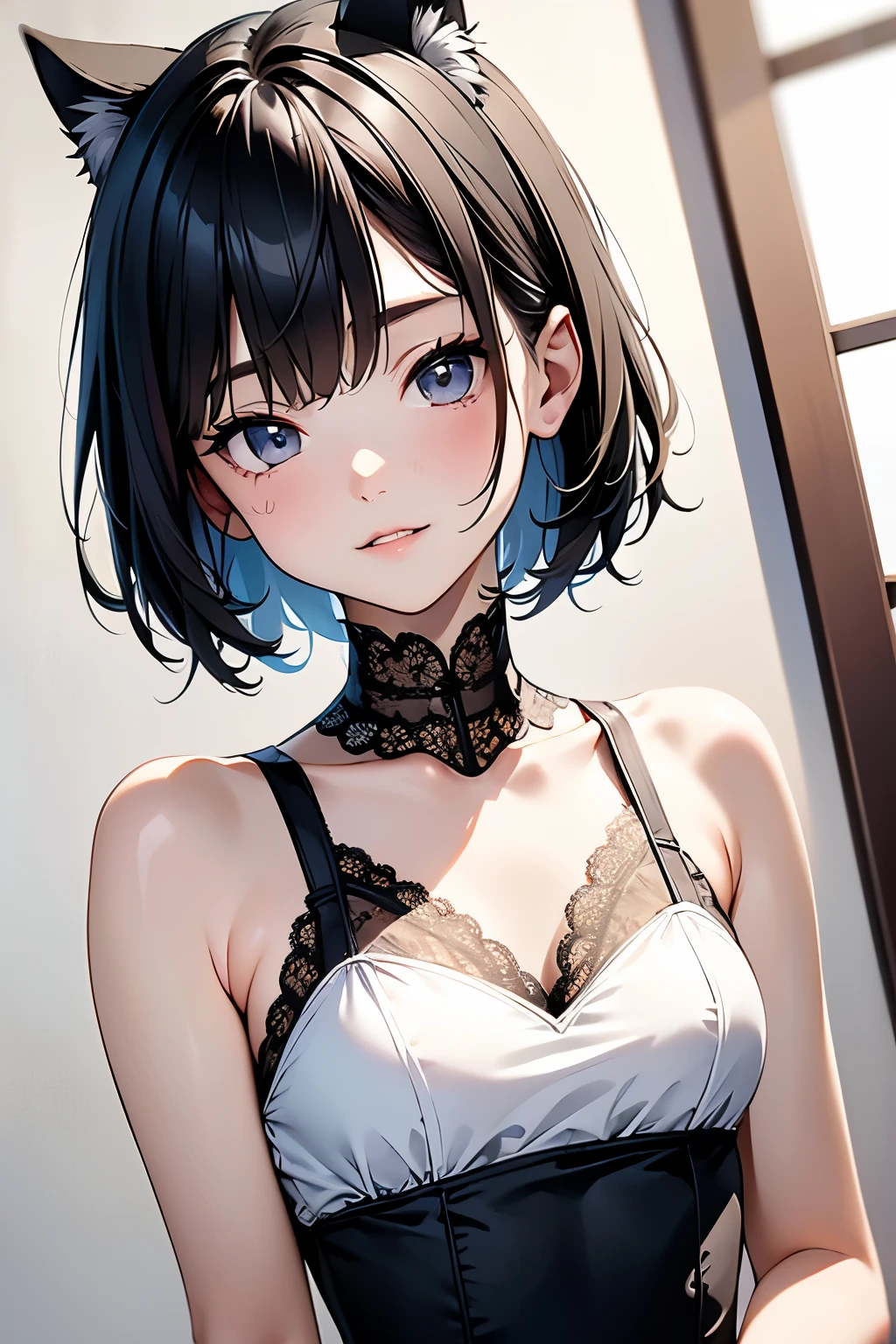 ( Top Quality , Masterpiece, high definition)、4K Anime Art、( one girl)、(whole body:1.4)、 ( teeth、 depicts details of cute faces)、 black hair、 short hair 、 semi-long 、 bob cut、 hair bang、 hair ornament having alcohol together 、(cat ears)、( lace dress:1.4)、 see-through mini dress、 attractive smile like snow 、 small breasts、Cinematic Light、Soft light、(indoor、dim、lamp)、( simple background)、((blank background))、