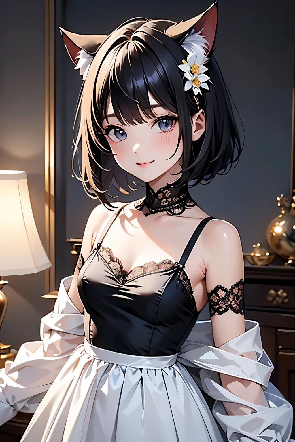 ( Top Quality , Masterpiece, high definition)、4K Anime Art、( one girl)、(whole body:1.4)、 ( teeth、 depicts details of cute faces)、 black hair、 short hair 、 semi-long 、 bob cut、 hair bang、 hair ornament having alcohol together 、(cat ears)、( lace dress:1.4)、 see-through mini dress、 attractive smile like snow 、 small breasts、Cinematic Light、Soft light、(indoor、dim、lamp)、( simple background)、((blank background))、