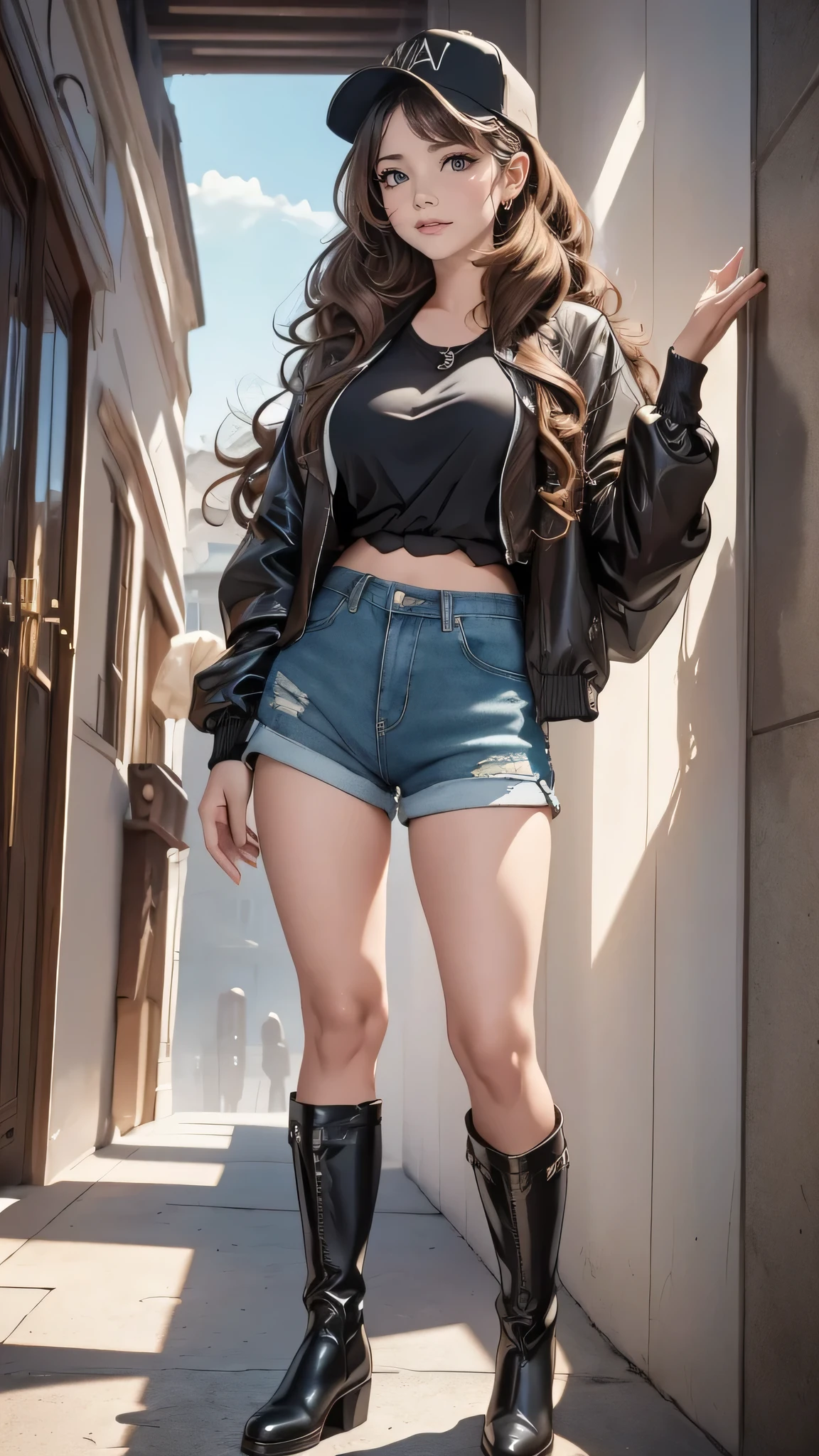 surreal main light brown hair, curly hair, ponytail, very long hair, aqua eyes, smile, Romanticism, cinematic lighting, uhd, masterpiece, anatomically correct beautiful girl wearing a handsome black long windbreaker, black denim shorts, baseball cap, sunglasses and long leather boots.Tall and bright, detailed texture description presents meaning