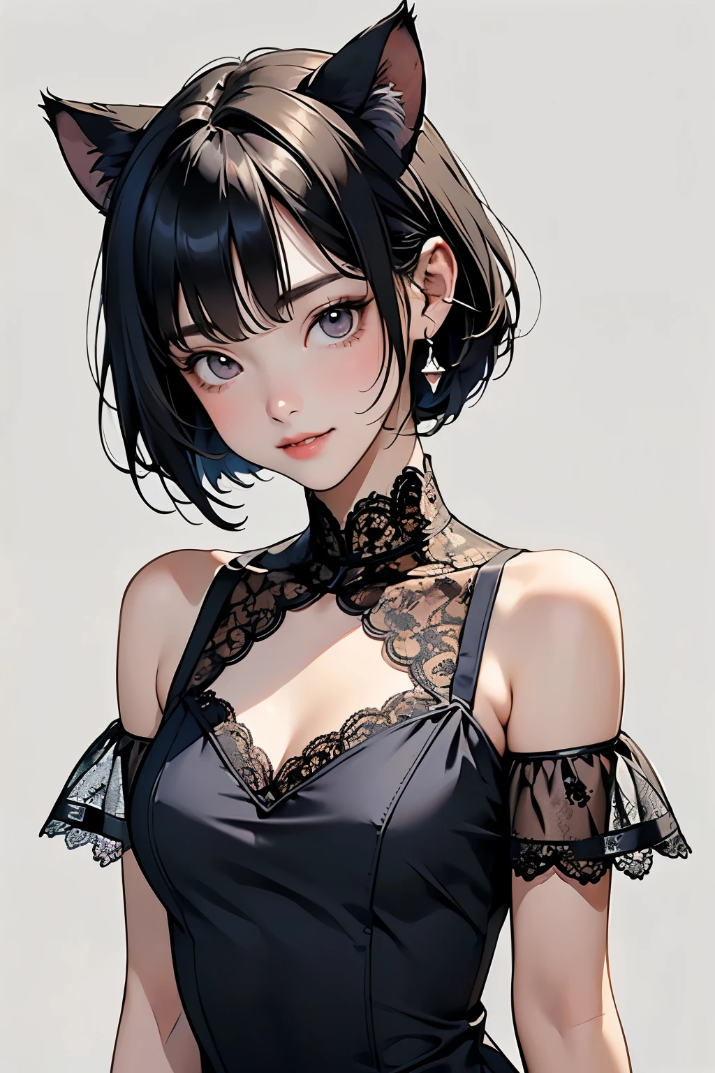 ( Top Quality , Masterpiece, high definition)、4K Anime Art、( one girl)、(whole body:1.4)、 ( teeth、 depicts details of cute faces)、 black hair、 short hair 、 semi-long 、 bob cut、 hair bang、 hair ornament having alcohol together 、(cat ears)、( lace dress:1.4)、 see-through mini dress、 attractive smile like snow 、 small breasts、Cinematic Light、Soft light、(indoor、dim、lamp)、( simple background)、((blank background))、