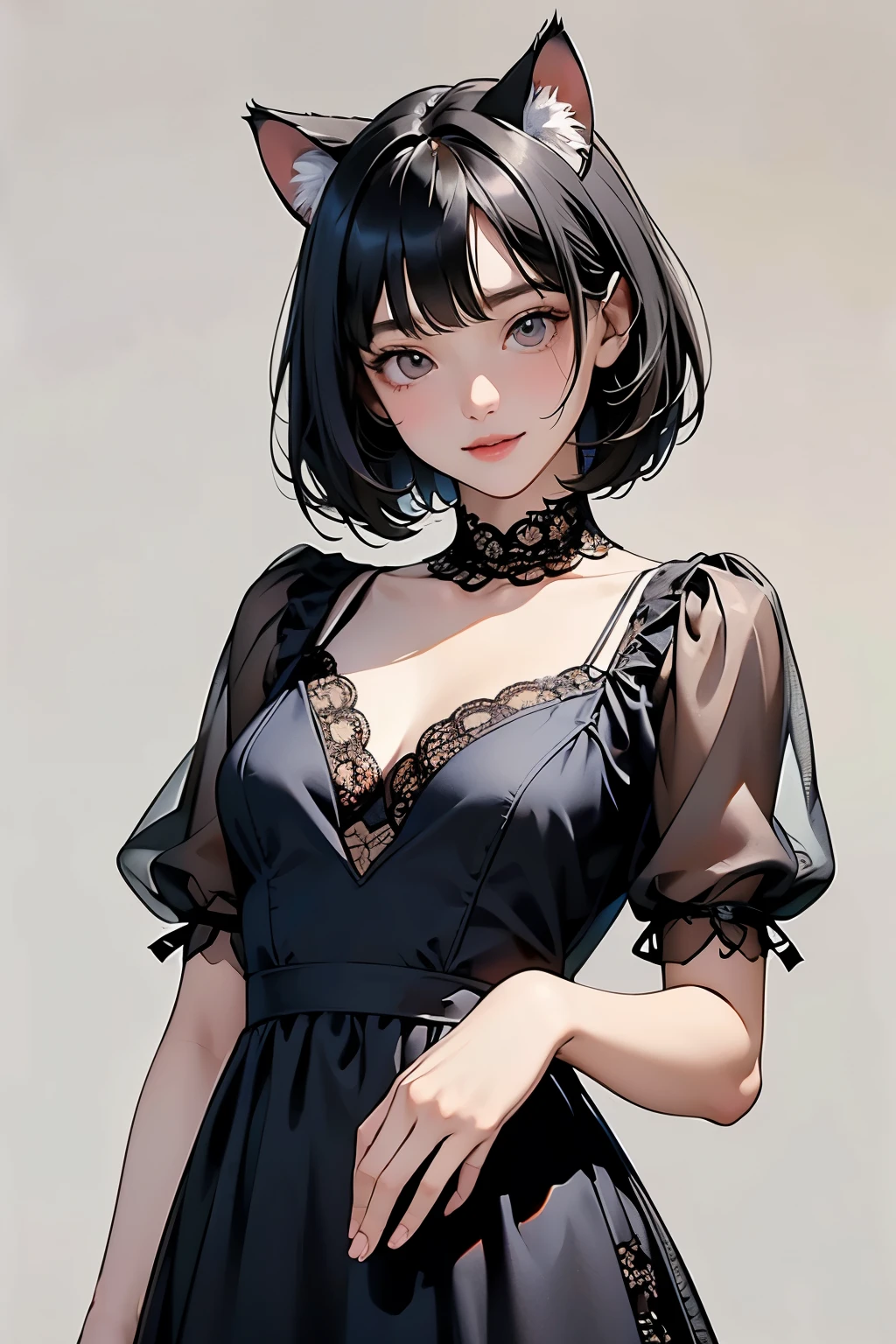 (  Top Quality  , Masterpiece,   high definition)、4K Anime Art、(  one girl)、(whole body:1.4)、 ( teeth、 depicts details of cute faces)、  black hair、  short hair 、  semi-long 、  bob cut、 hair bang、  hair ornament having alcohol together 、(cat ears)、(  lace dress:1.4)、  see-through mini dress、   attractive smile like snow 、  small breasts、Cinematic Light、Soft light、(indoor、dim、lamp)、(   simple background)、((blank background))、