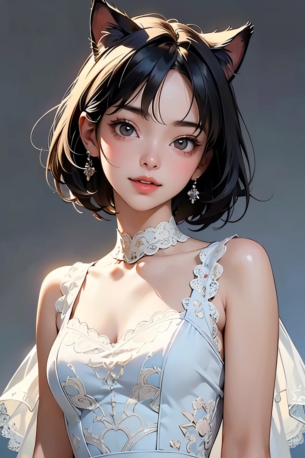 ( Top Quality , Masterpiece, high definition)、4K Anime Art、( one girl)、(whole body:1.4)、 ( teeth、 depicts details of cute faces)、 black hair、 short hair 、 semi-long 、 bob cut、 hair bang、 hair ornament having alcohol together 、(cat ears)、( lace dress:1.4)、 see-through mini dress、 attractive smile like snow 、 small breasts、Cinematic Light、Soft light、(indoor、dim、lamp)、( simple background)、((blank background))、