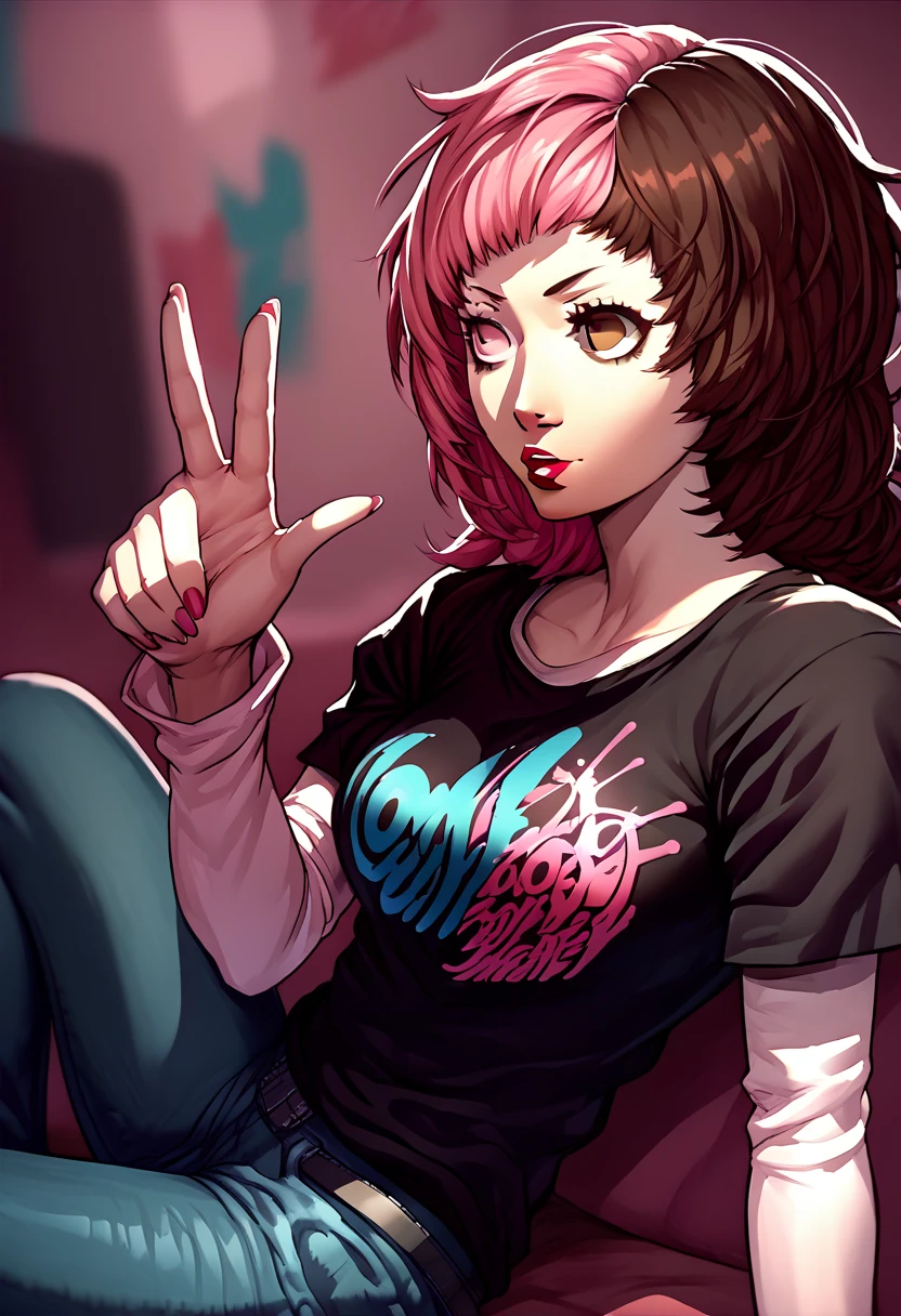 1 girl, lipstick, black t-shirt, clothes writing, layered sleeves, large breasts, jeans, Neopolitan, heterochromia, split hair, pink hair, brown hair, pink eye, brown eye