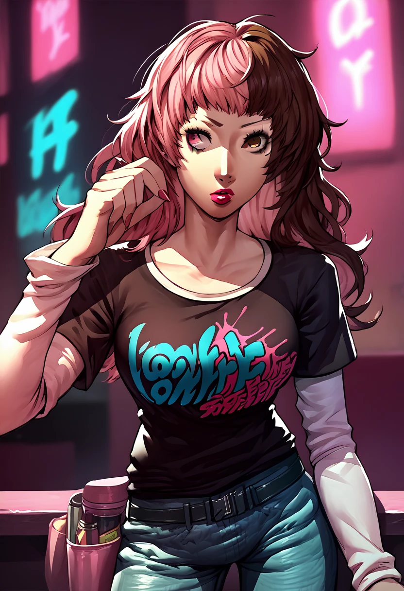 1 girl, lipstick, black t-shirt, clothes writing, layered sleeves, large breasts, jeans, Neopolitan, heterochromia, split hair, pink hair, brown hair, pink eye, brown eye