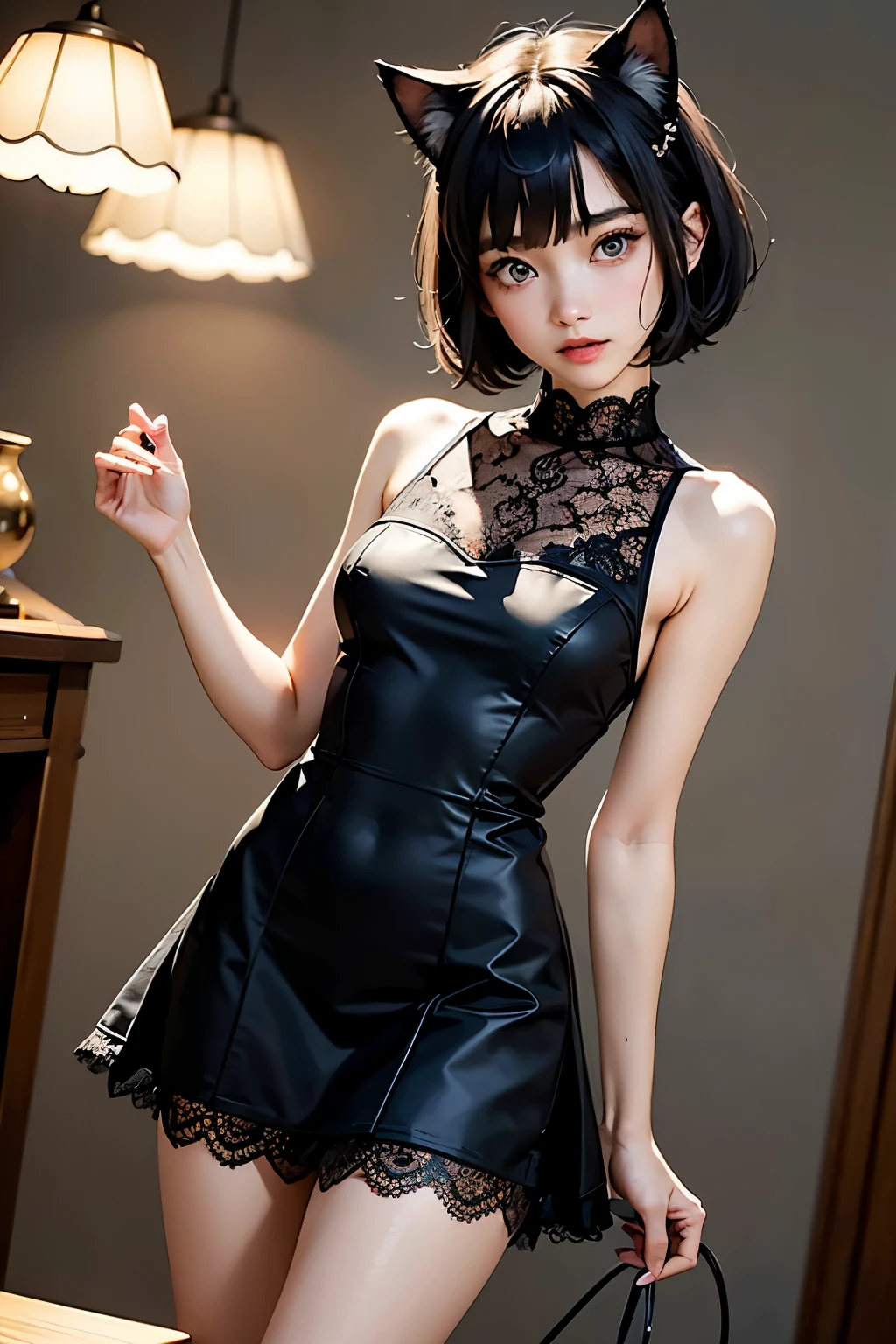 ( Top Quality , Masterpiece, high definition)、4K Anime Art、( one girl)、(whole body:1.4)、 ( teeth、 depicts details of cute faces)、 black hair、 short hair 、 semi-long 、 bob cut、 hair bang、 hair ornament having alcohol together 、(cat ears)、( lace dress:1.4)、 see-through mini dress、 attractive smile like snow 、 small breasts、Cinematic Light、Soft light、(indoor、dim、lamp)、( simple background)、((blank background))、