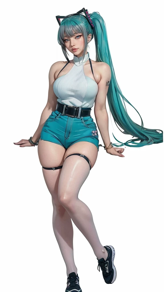 Very detailed CG, beautiful eyes, girl on stage, 1 girl, blue pupils, red face, slightly open lips, plump and symmetrical breasts, raised buttocks, white tight dress with black and green lines on both sides, black leg socks, white high heels, long purple hair, perfect leg curve, chest close-up, buttocks close-up, detailed clothing, futuristic, technological, dynamic angle, flowing, 8k wallpaper, masterpiece, best quality, super detailed, best lighting, best shadows