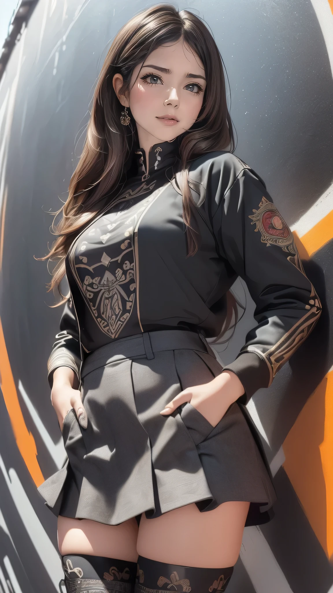 (((8k wallpaper of extremely detailed CG unit:1.2, ​masterpiece, hight resolution:1.2, top-quality:1.2, masutepiece))), ((a very beautiful woman, Hands in pockets:1.8, Grunge Fashion:1.2, wear a blouson:1.2, wearing skirt, wearing tights and boots)), ((extra detailed face, Highly detailed black eyes:1.2, extra detailed body, Top quality real texture skins)), (A dark-haired, length hair, de pele branca, Small:1.2), ((Colorful geometric patterns are painted all over the wall., Colorful wall)), (high-angle:1.2, a closeup, Fisheye:1.3), hyper realisitic, digitial painting,