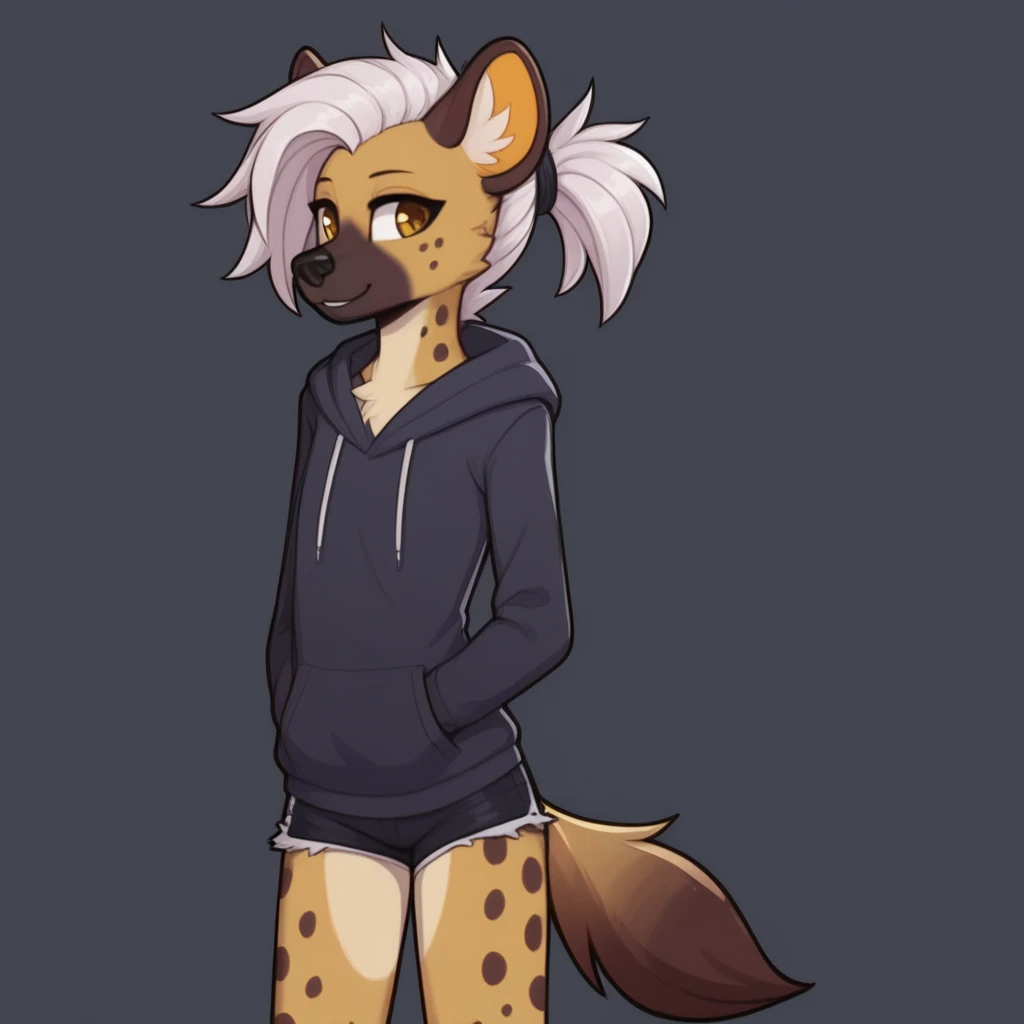 1boy, furry spotted hyena, white hair, puffy hair, yellow curvy slim body, male, cute, male, hoodie, shorts, smile, simple background, dark background