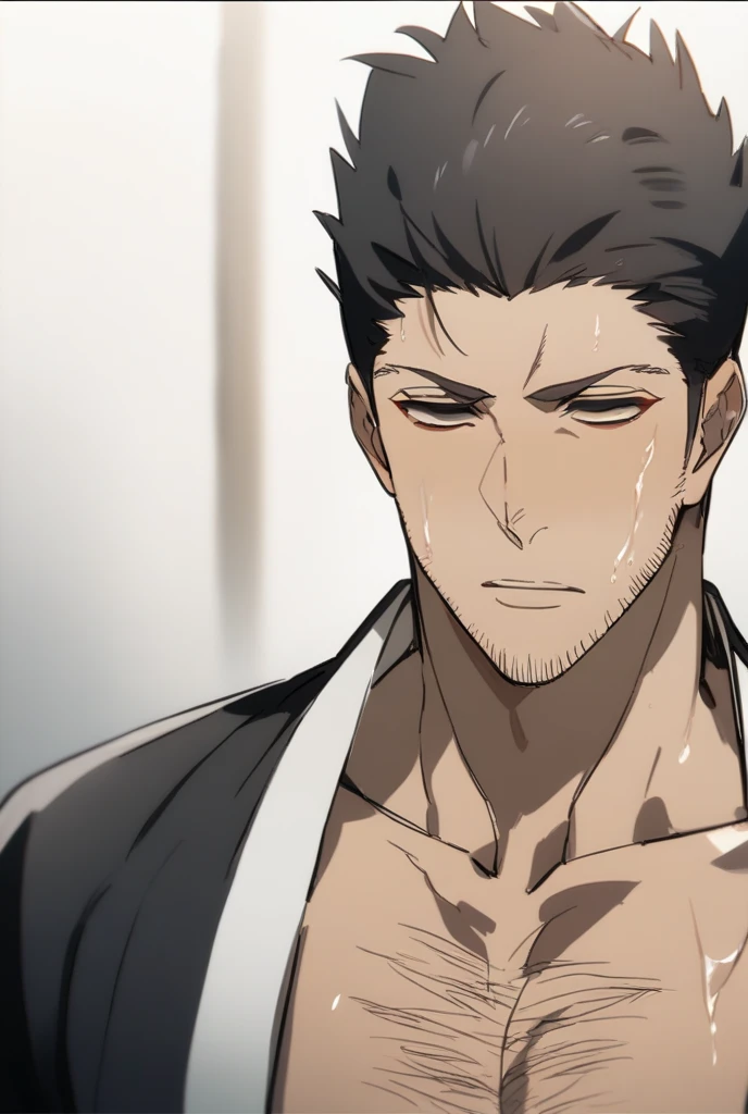 Isshin Kurosaki, short hair, muscle, shirtless, sweaty, empty eyes, dazed expression, blank stare, hypnotized, brainwashed, hairy chest