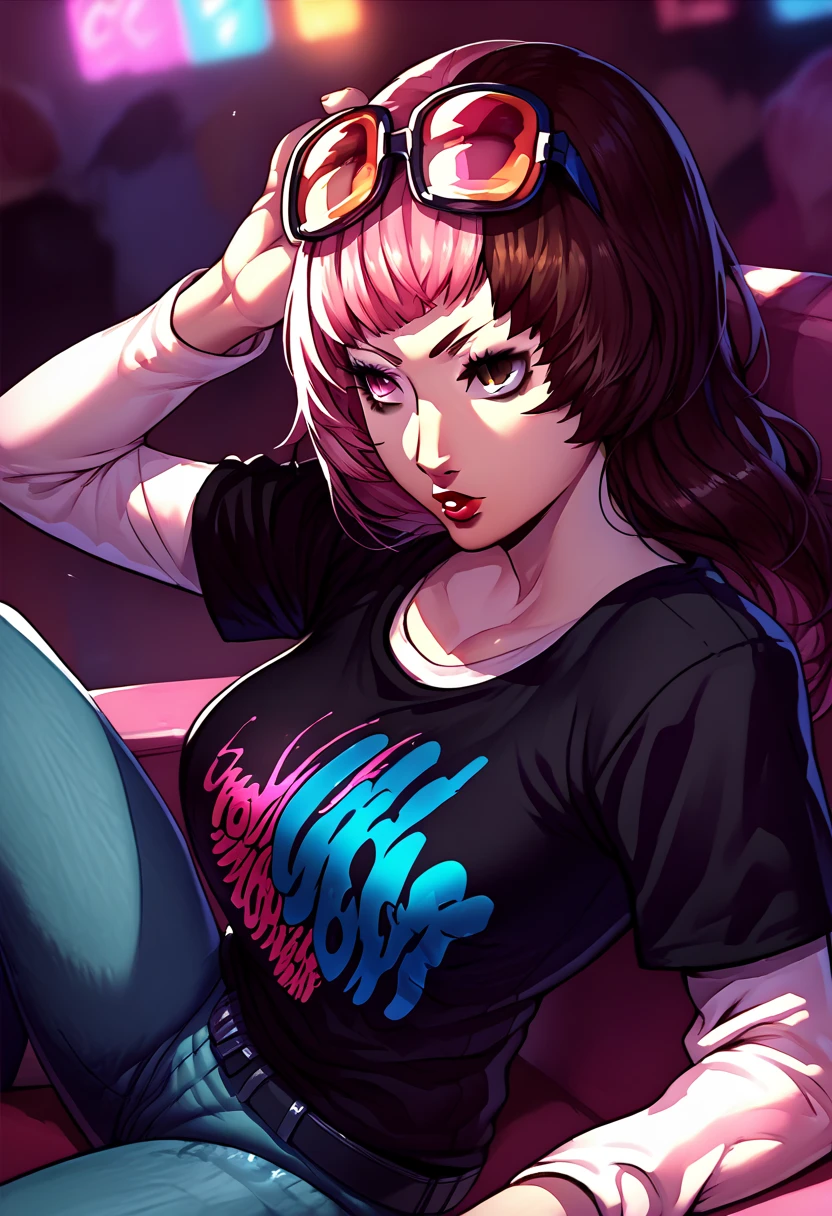 1 girl, sunglasses on head, lipstick, black t-shirt, clothes writing, layered sleeves, large breasts, jeans, Neopolitan, heterochromia, split hair, pink hair, brown hair, pink eye, brown eye