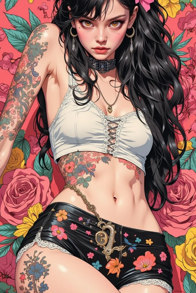  I have a picture of a woman in underwear with a tattoo on her arm,  FEMININE GOTHIC AESTHETICS  , Close up details, Detail shot,  clear details,  ARTY LOVE BLOW STYLE , Silkscreen Art,  close-up pictures , EXTRA FINE INK DETAILS ,  SILKSCREEN PRINT ,  very detailed,vulgar 