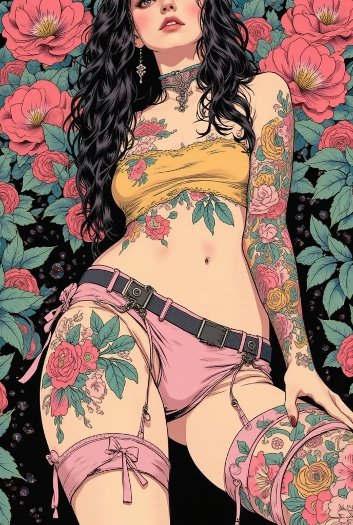  I have a picture of a woman in underwear with a tattoo on her arm,  FEMININE GOTHIC AESTHETICS  , Close up details, Detail shot,  clear details,  ARTY LOVE BLOW STYLE , Silkscreen Art,  close-up pictures , EXTRA FINE INK DETAILS ,  SILKSCREEN PRINT ,  very detailed,vulgar 