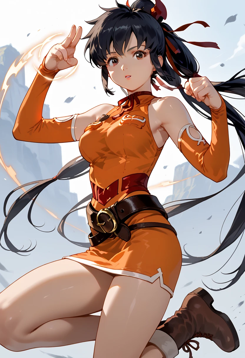 score_9,score_8_up,score_7_up, lisa_pacifist, black hair, 1girl, solo, ponytail, twintails, long hair, breasts, black hair, brown eyes, parted lips,  detached sleeves, bare shoulders, ribbon, belt, hair ribbon,  elbow gloves, dress, sleeveless, orange shirt, boots, look at viewer,hand reach toward viewer, casting magic,  fighting stance, high kick