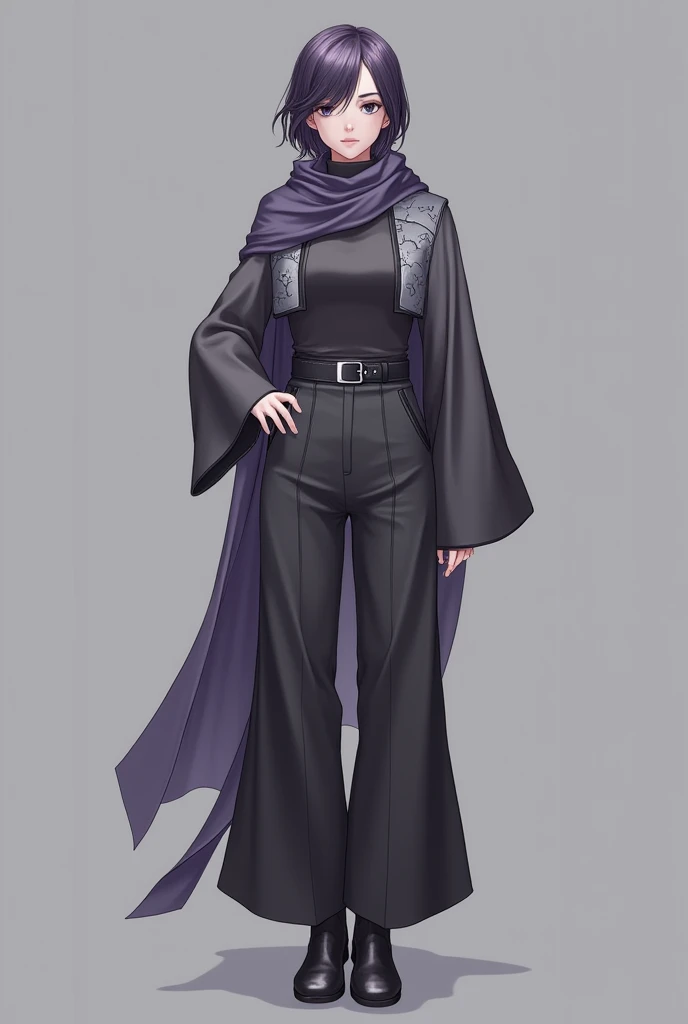 Character Design - a character design sheet of a beautiful hijab girl character, beautifully makeup, eyeshadow, Parted Lips, detailed eyes, beautiful big eyes, long eye lashes, smile,. She's dresses (Dark gray satin headscarf)), loosely tide hijab style, ((Taupe satin shirt)), satin long skirt. Cartoon style, front, side and back views