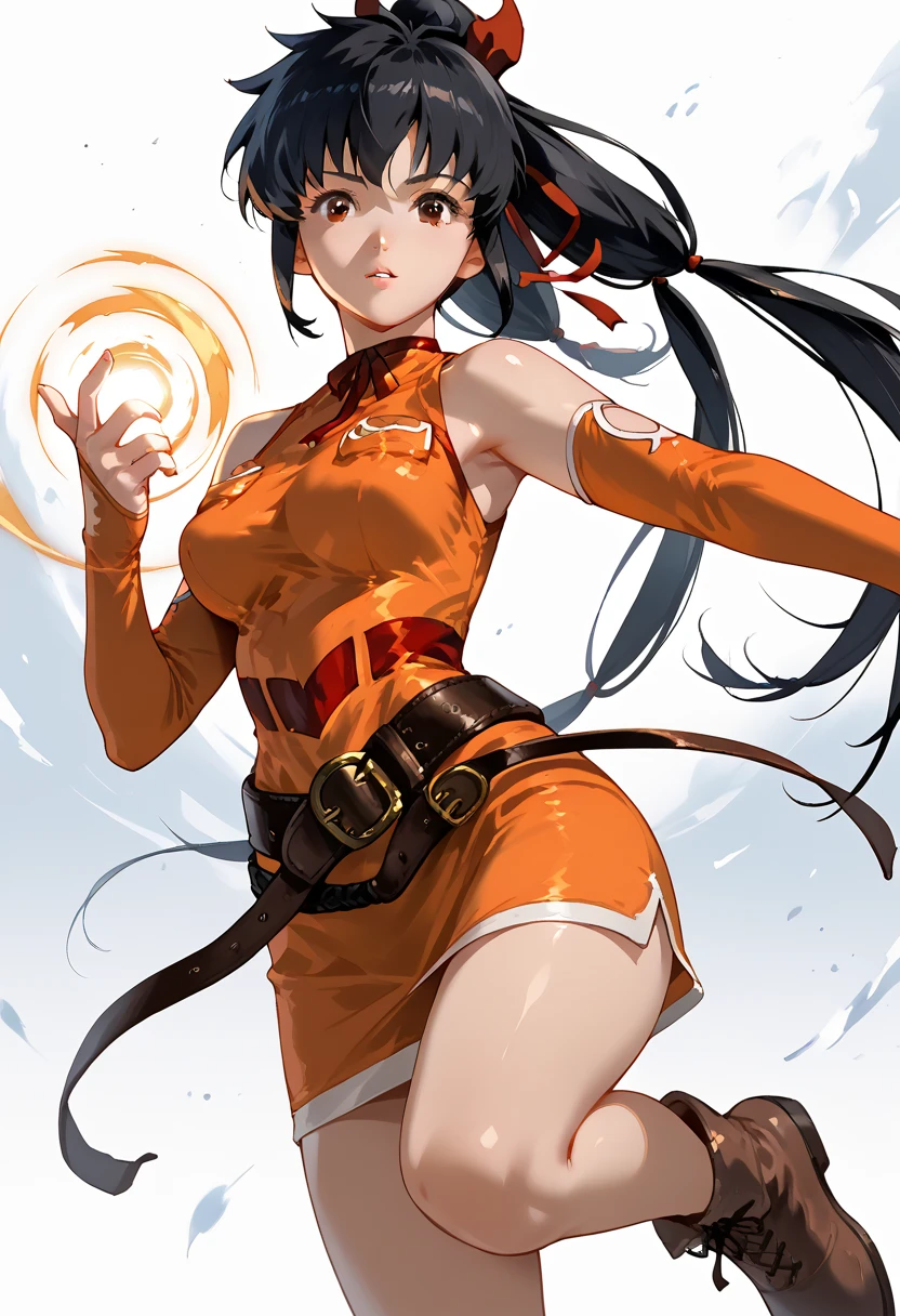 score_9,score_8_up,score_7_up, lisa_pacifist, black hair, 1girl, solo, ponytail, twintails, long hair, breasts, black hair, brown eyes, parted lips,  detached sleeves, bare shoulders, ribbon, belt, hair ribbon,  elbow gloves, dress, sleeveless, orange shirt, boots, look at viewer,hand reach toward viewer, casting magic,  fighting stance, high kick