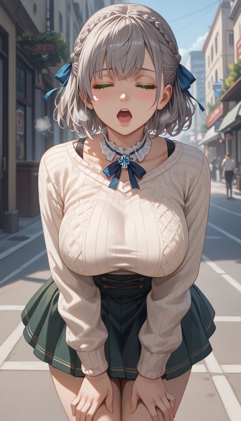 ultra-detailed, 1girl, solo, shirogane noel, (masterpiece)), (best quality), (highres), 16K, braid, french braid, green eyes, grey hair, hair ribbon, ribbon, short hair, snowflake choker, wavy hair, mole, mole on breast, official alternate hairstyle, sweater, high-waist skirt, knee pads, busty body, large breasts and a beautiful ass, showcasing cleavage, legs, hips, looking at viewer, detailed face, detailed hair, detailed full body, street background, (bending forward), (hands touching knees), exhausted, moaning, heavy breathing, pain expression, mouth open, eyes closed