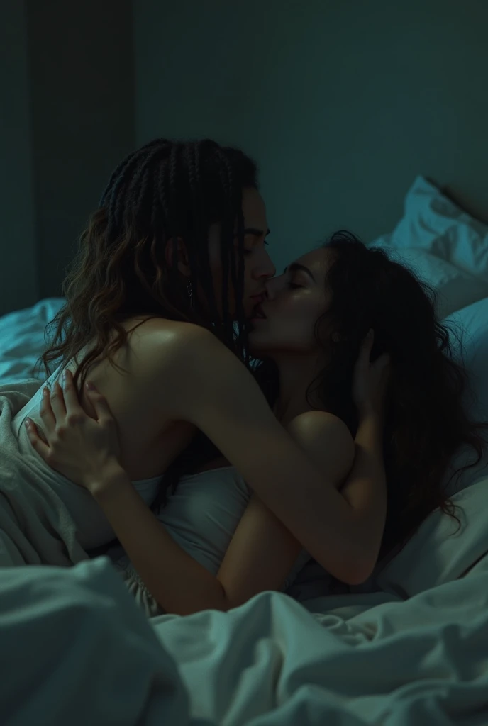 A young couple embracing in a dimly lit atmospheric bedroom setting, The lighting is soft and moody with hints of blue and purple hues, The couple s faces are partially obscured conveying a sense of intimacy and longing, The background is blurred creating a dreamlike introspective atmosphere, The overall aesthetic is romantic melancholic and sensual reflecting the emotional tone of the song, Style Cinematic atmospheric lush nocturnal introspective melancholic romantic sensual