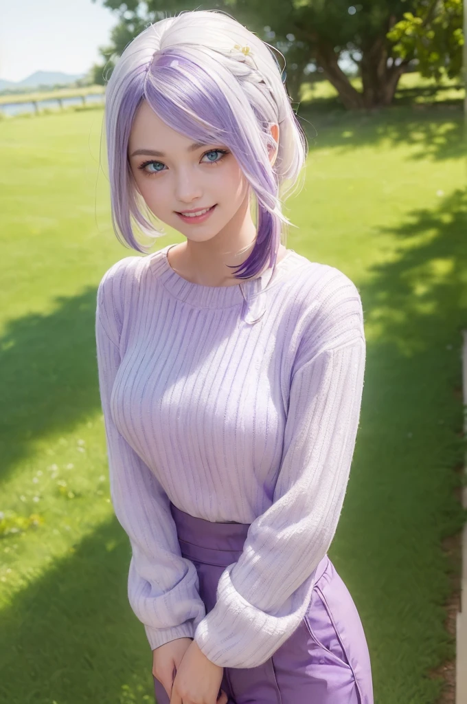 masterpiece, ((smile:1.5)), ((whitish purple hair:1.5)), very short hair, ((light green eyes:1.3)), vivid flowers, upper body, photorealistic, (A serene early morning scene featuring a solitary woman standing, clear blue sky, with soft sunlight streaming through. The woman, dressed in a sweater and stylish pants, gazes upward, her silhouette softly illuminated by the morning sunlight. Slight wind gently moving her hair. The atmosphere captures the clarity of a fresh morning, blending stillness with the infinite beauty of the sky.)