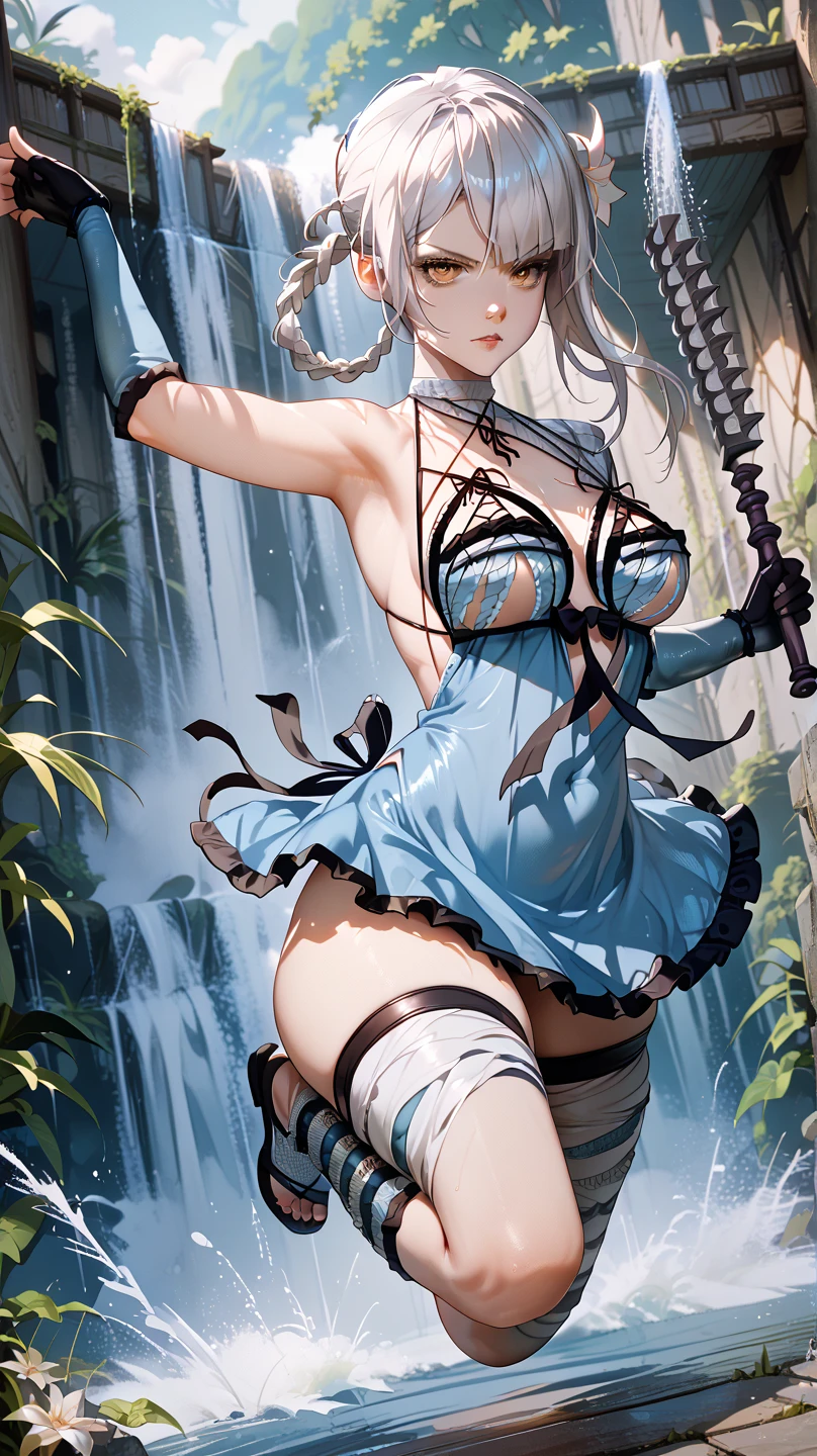   Sexy Kaine ,UHD, on a bridge,  in the background of a waterfall,  silver hair, action pose, one leg up, full body,