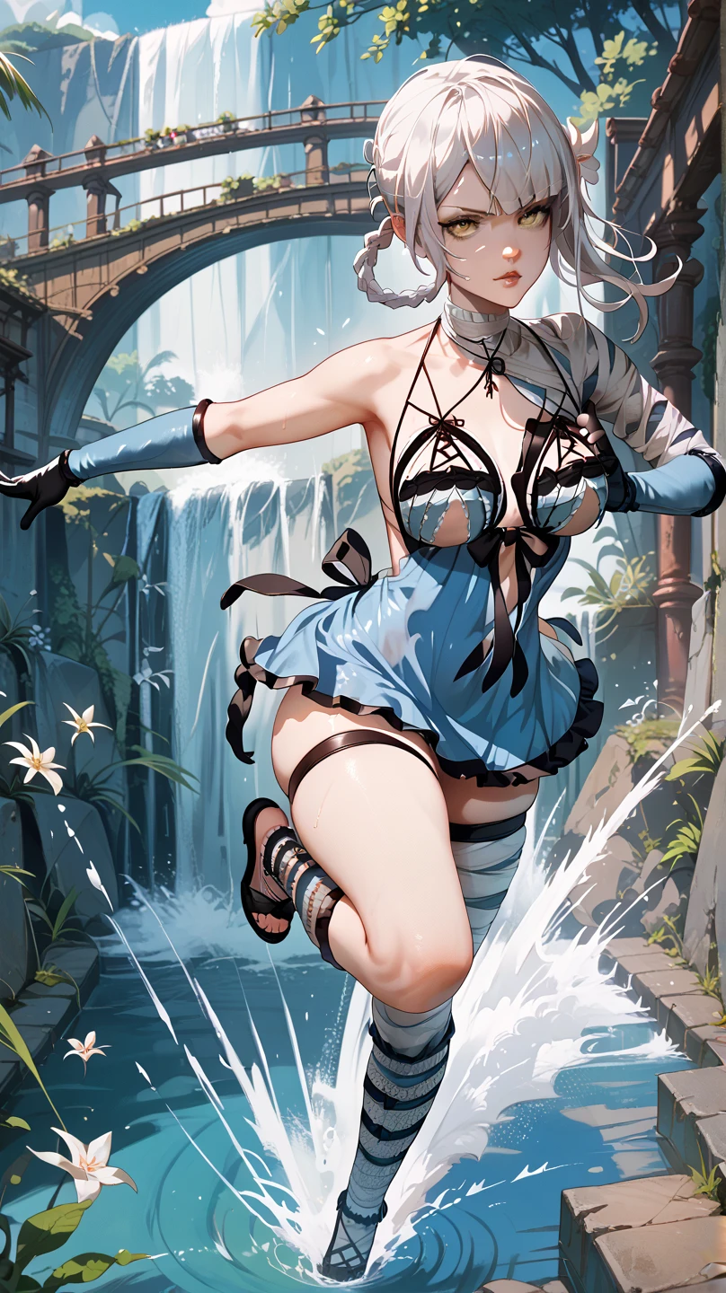   Sexy Kaine ,UHD, on a bridge,  in the background of a waterfall,  silver hair, action pose, one leg up, full body,