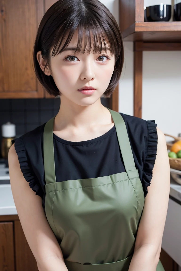 masterpiece,  best quality ,  one woman, (Moss Green、 apron:1.2), Age 25、(RAW 写真 best quality ), (reality, reality的:1.4),  sexy、iris、非常に詳細 eyes and face,  beautiful and detailed nose with the body facing completely, beautiful eyes,  perfect anatomy、 short hair 、bangs、 brunette hair、Droopy eyes、 humble face、Dimly lit kitchen、 light from below、