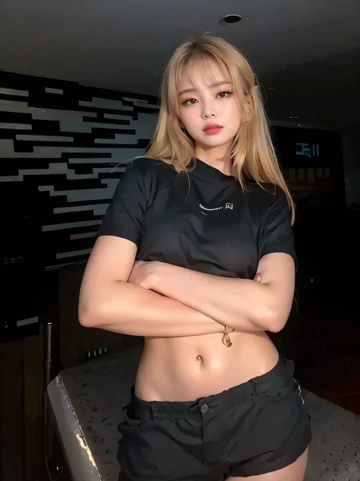 1girl, (Blue Eyes), (smiling), (Sana Minatozaki), (lifted t-shirt :1.3), (wide hips), (Big tits), big ass, (Best Quality, 8k, Masterpiece: 1.3), Clear Focus: 1.2, Perfect Body Beauty: 1.4, strong abs, Highly detailed face and skin texture, detailed eyes, double eyelids, (blonde long hair :1.2), black bikini under clothes, standing, showing breasts, in a room