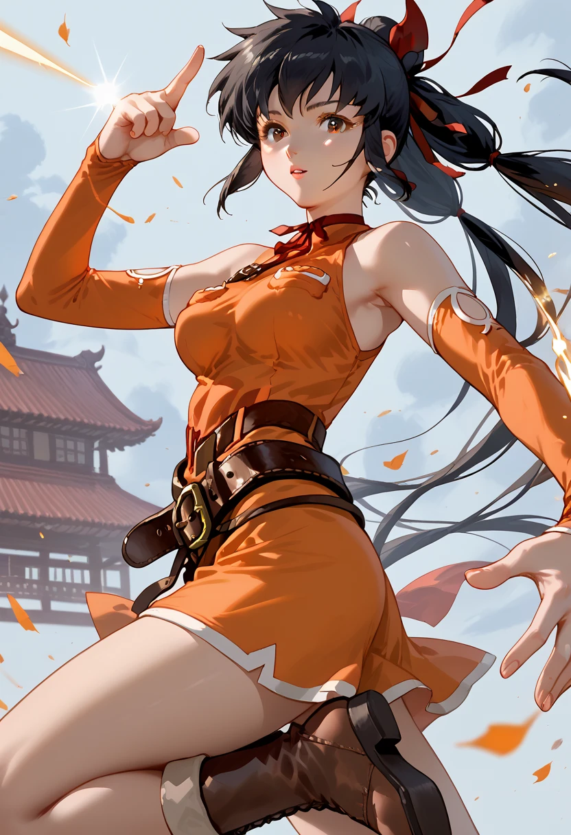 score_9,score_8_up,score_7_up, lisa_pacifist, black hair, 1girl, solo, ponytail, twintails, long hair, breasts, black hair, brown eyes, parted lips,  detached sleeves, bare shoulders, ribbon, belt, hair ribbon,  elbow gloves, dress, sleeveless, orange shirt, boots, look at viewer,hand reach toward viewer, casting magic,  fighting stance, high kick