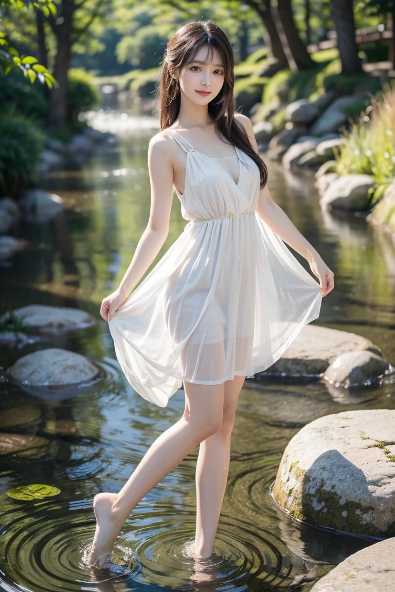 full body shot,, ((best quality)), ((best quality, solo, looking at viewer/look at viewer, medium hair leaning forward, huge breasts, young girl, lanky, pale skin, clear sky, shiny skin,, japanesemasterpiece)), (detailed), 1girl,standing, dress up, Wearing fashionable clothes、walking