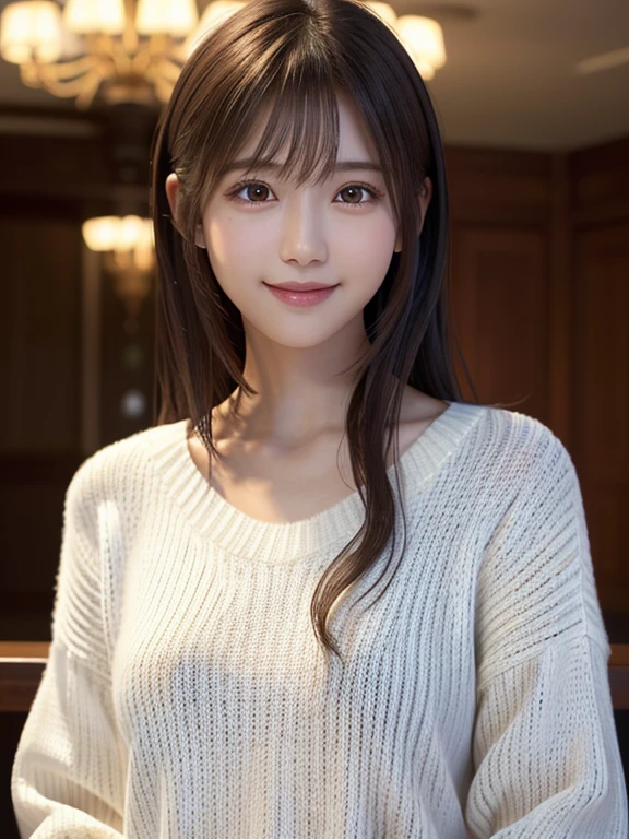 1 Japanese girl,(White sweater:1.4), (RAW Photos, highest quality), (Realistic, Photorealistic:1.4), Tabletop, Very delicate and beautiful, Very detailed, 8k wallpaper, wonderful, In detail, Very detailedなCG Unity, High resolution, Soft Light, Beautiful Details 19 years old, Very detailedな目と顔, Beautifully detailed nose, Beautiful fine details,Cinema Lighting,Perfect Anatomy,Slender body,smile  (Asymmetrical bangs,)