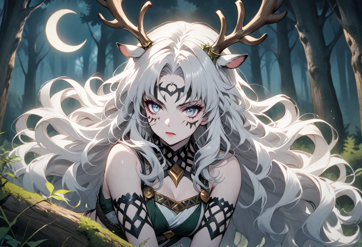 pale skin, silver hair, curly hair, big hair, long hair, deer antlers, silver eyes, face paint, forest, crescent moon on background, greek, huntress, goddess, dynamic pose