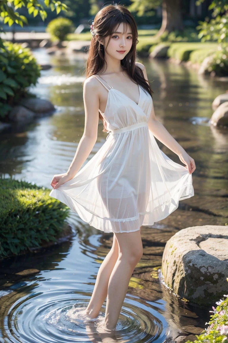 (hyperrealistic), (illustration), (high resolution), (8K), (extremely detailed), (best illustration), (beautiful detailed eyes), (best quality), (super detailed pussy), (masterpiece), (wallpaper), (detailed face), solo, (dynamic pose:1.3), 1 girl, (full body), (lace trimmed see-through summer mini dress:1.3), (perky uplifted breasts:1.3), (blush1.2), (straight cutting blunt bangs), (long hair cascading behind her both ears), long legs, tightens abs, (dynamic toes), (no panties), (no bra), (standing at beach side), (side shot)