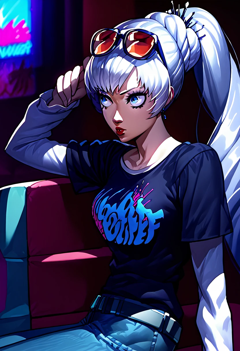 1 girl, sunglasses on head lipstick, black t-shirt, clothes writing, layered sleeves, large breasts, jeans, Weiss Schnee, white hair, side ponytail, blue eyes,