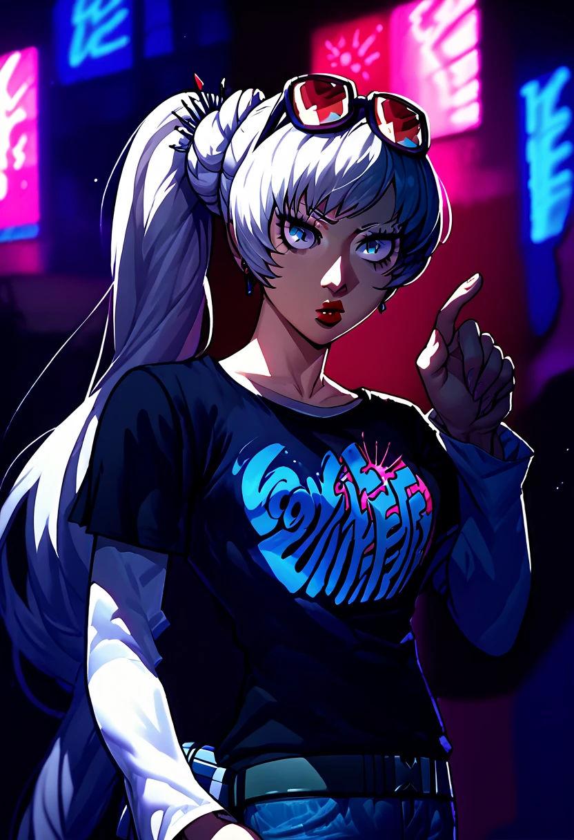 1 girl, sunglasses on head lipstick, black t-shirt, clothes writing, layered sleeves, large breasts, jeans, Weiss Schnee, white hair, side ponytail, blue eyes,